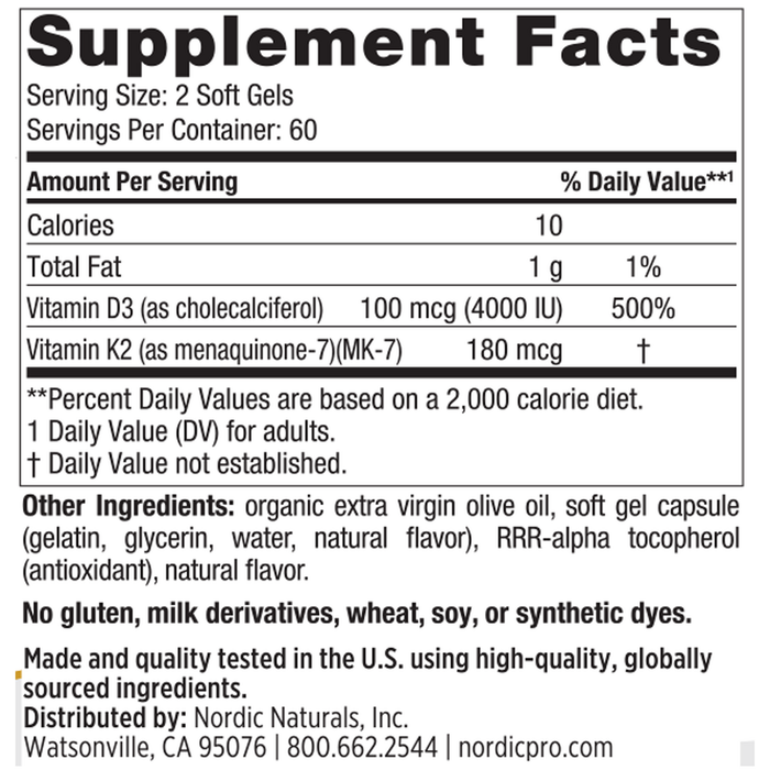 Nordic Naturals Vitamin D3+K2 120 softgels supplement facts label