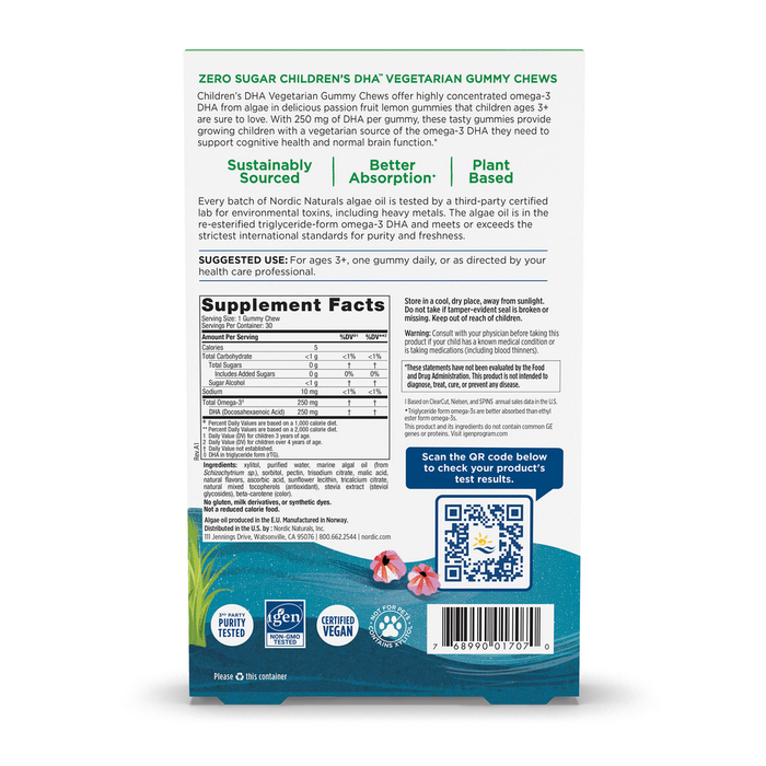 Nordic Naturals Zero Sugar Children's DHA Vegetarian 30 gummies supplement facts label