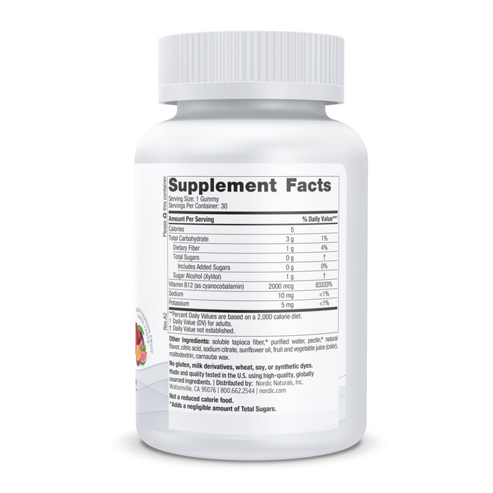 Nordic Naturals Zero Sugar Vitamin B12 30 gummies supplement facts label