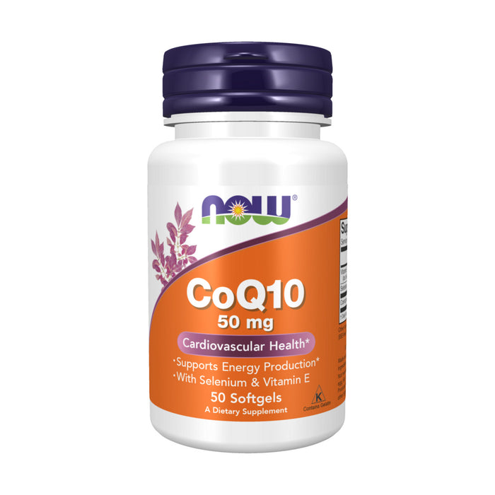 Supplement bottle labeled 'CoQ10 50 mg' with Now brand on a white background