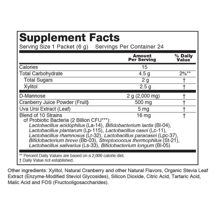 NOW Cranberry Mannose + Probiotics 24 packets supplement facts label