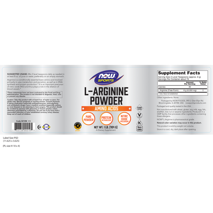 NOW L-Arginine Powder 1 lb full label