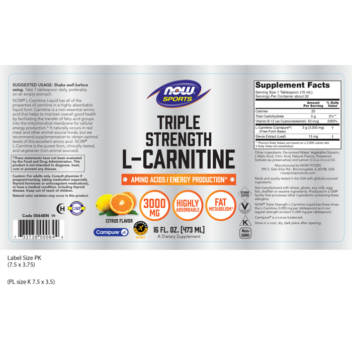 NOW Liquid L-Carnitine 3000 mg 16 fl oz full label