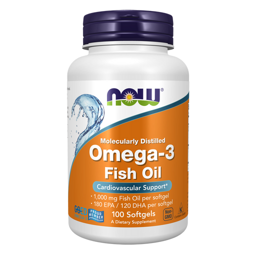 NOW Omega-3 Fish Oil Molecularly Distilled, 100 softgels, front of bottle
