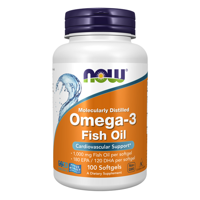 NOW Omega-3 Fish Oil Molecularly Distilled, 100 softgels, front of bottle