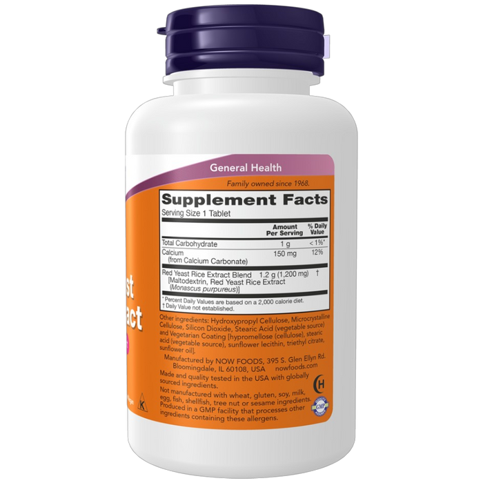 NOW Red Yeast Rice 1200 mg supplement facts label