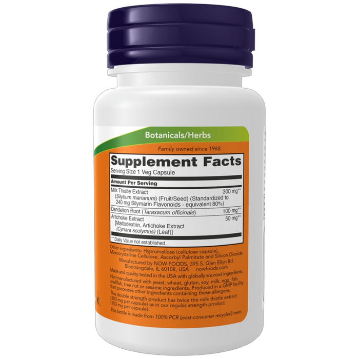 NOW Silymarin 2X-300 mg supplement facts label
