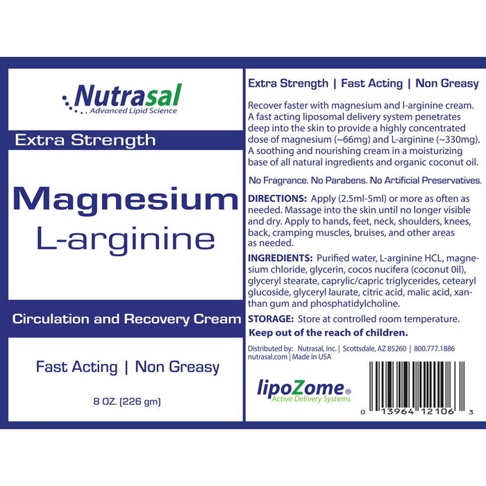 Nutrasal Magnesium L-Arginine Cream 8 oz full label