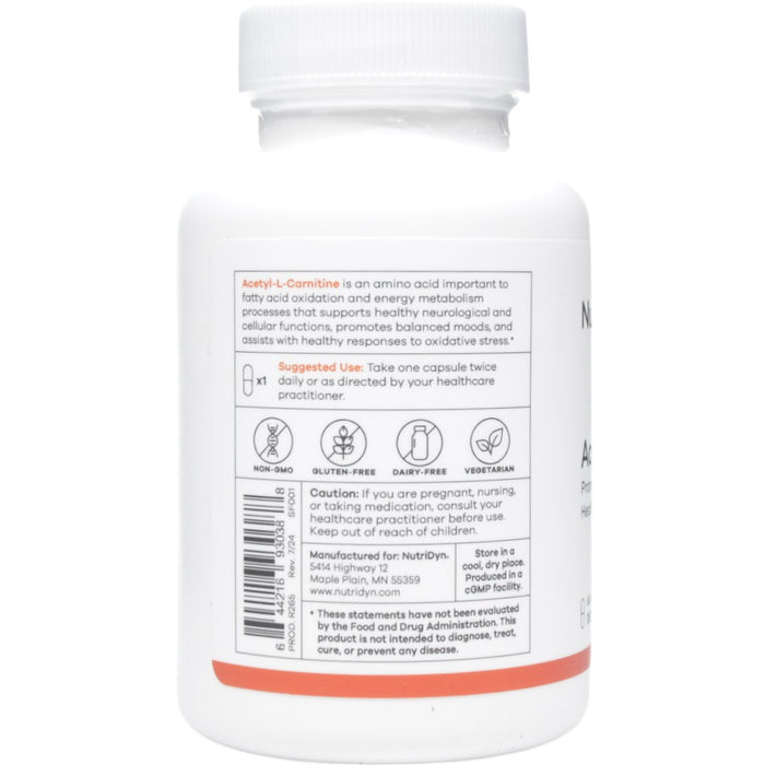 NutriDyn Acetyl-L-Carnitine 60 capsules suggested use label