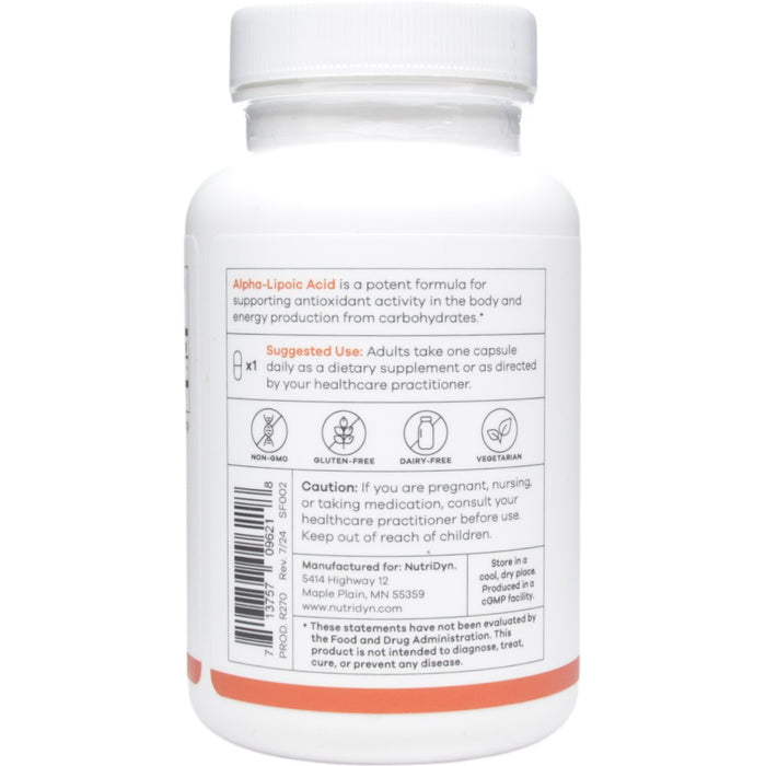 NutriDyn Alpha-Lipoic Acid 100 capsules suggested use label