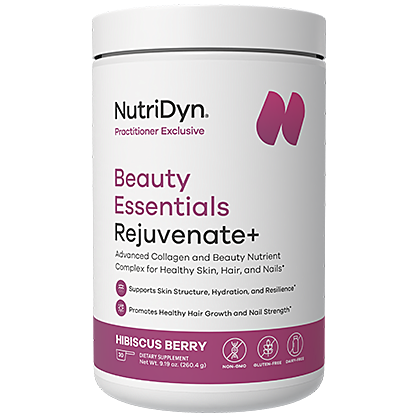 NutriDyn Beauty Essentials Rejuvenate+ Hibiscus Berry powder, 30 servings, front of canister