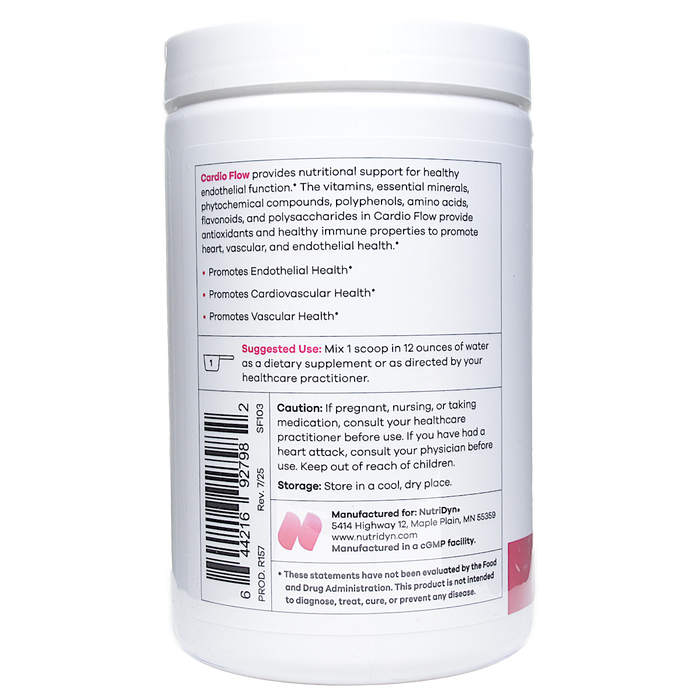 NutriDyn Cardio Flow Berry Lemonade powder 30 servings suggested use label