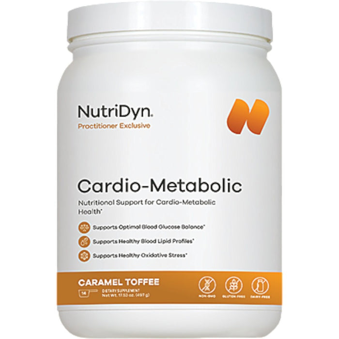 NutriDyn Cardio-Metabolic Caramel Toffee powder, front of canister