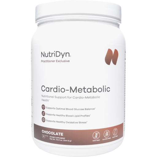 NutriDyn Cardio-Metabolic Chocolate powder, front of canister