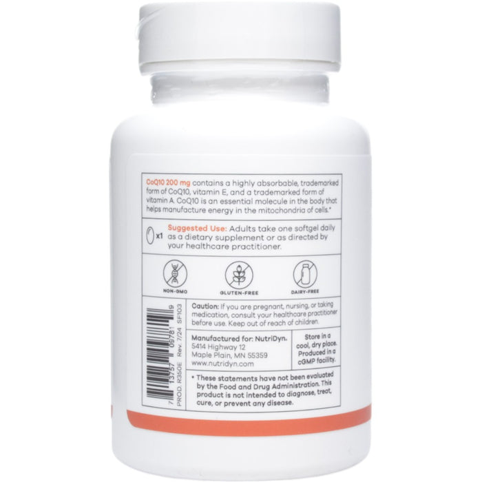 NutriDyn CoQ10 200 mg 30 softgels suggested use label