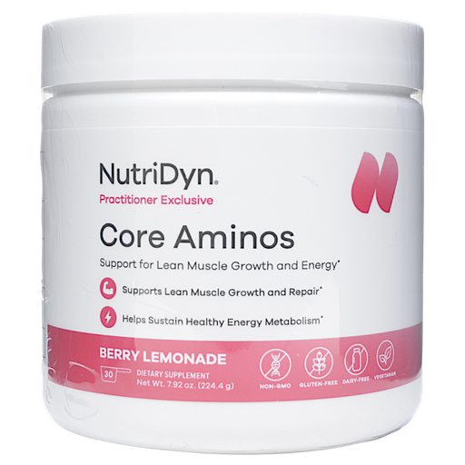 NutriDyn Core Aminos Berry Lemonade powder, 30 servings, front of canister