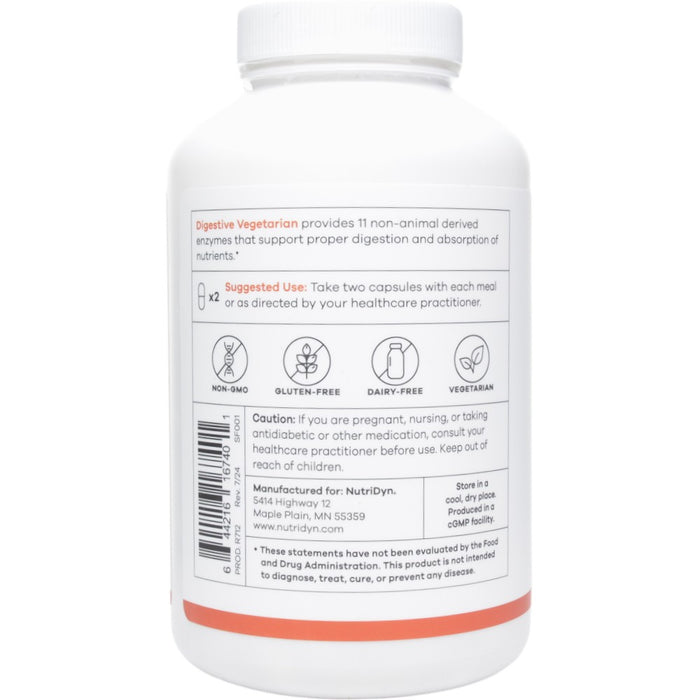 NutriDyn Digestive Vegetarian 180 capsules suggested use label