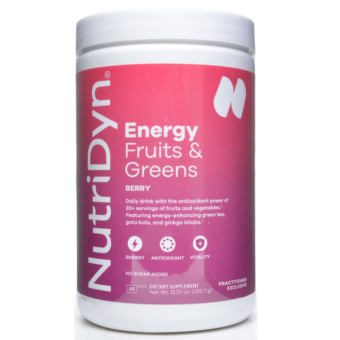 NutriDyn Energy Fruits & Greens Berry powder, front of canister