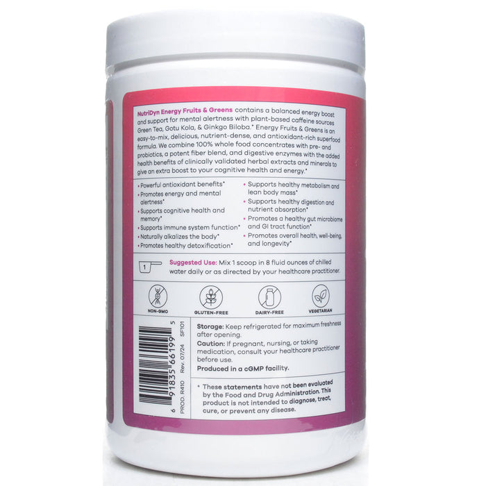 NutriDyn Energy Fruits & Greens Berry powder suggested use label