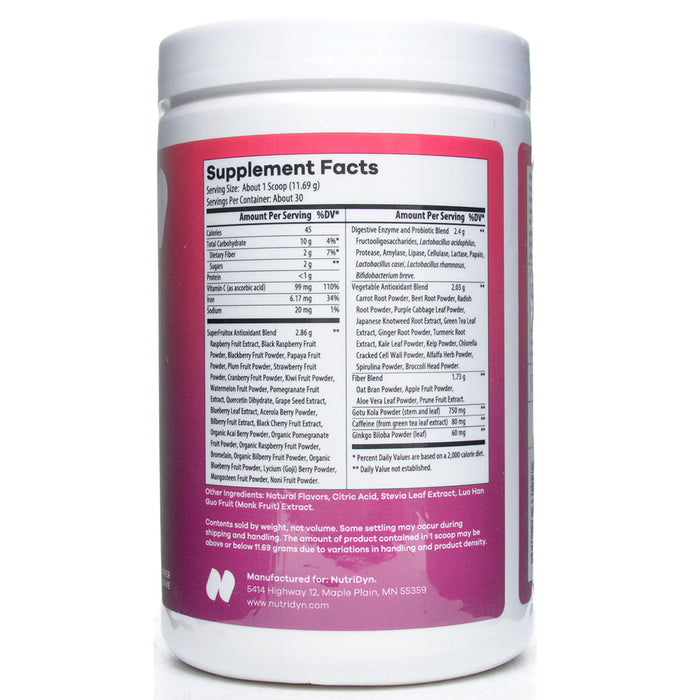 NutriDyn Energy Fruits & Greens Berry powder supplement facts label