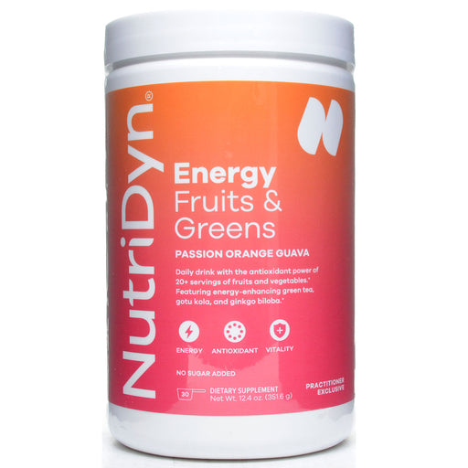 NutriDyn Energy Fruits & Greens Passion Orange Guava powder, front of canister