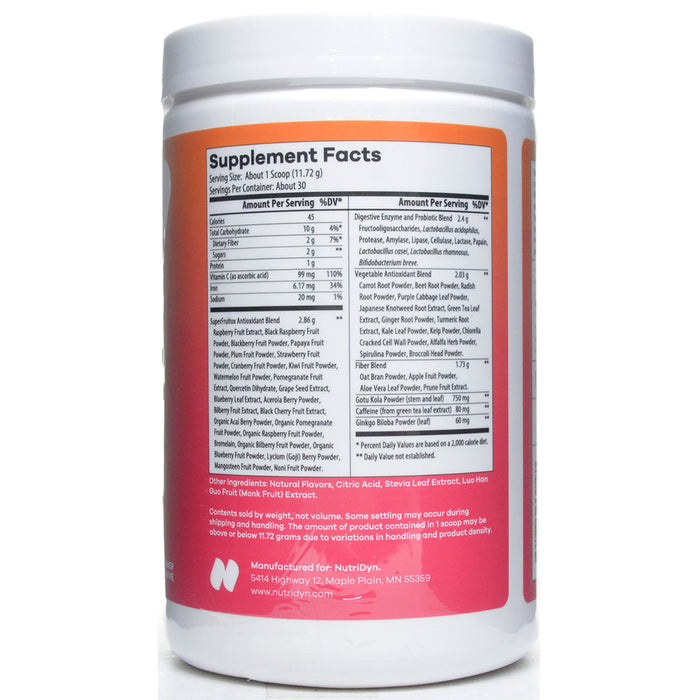 NutriDyn Energy Fruits & Greens Passion Orange Guava powder supplement facts label