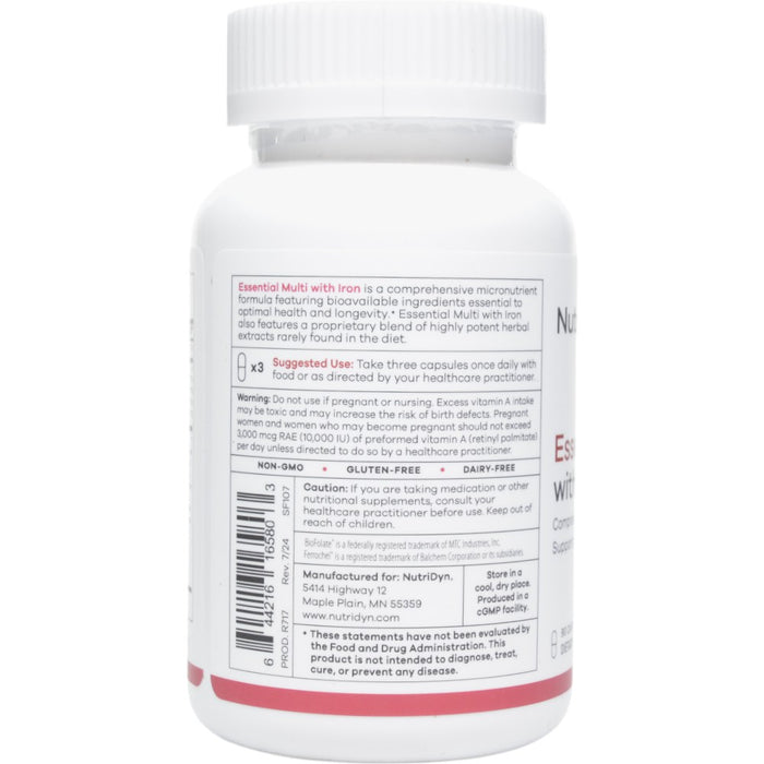 NutriDyn Essential Multi with Iron 90 capsules suggested use label