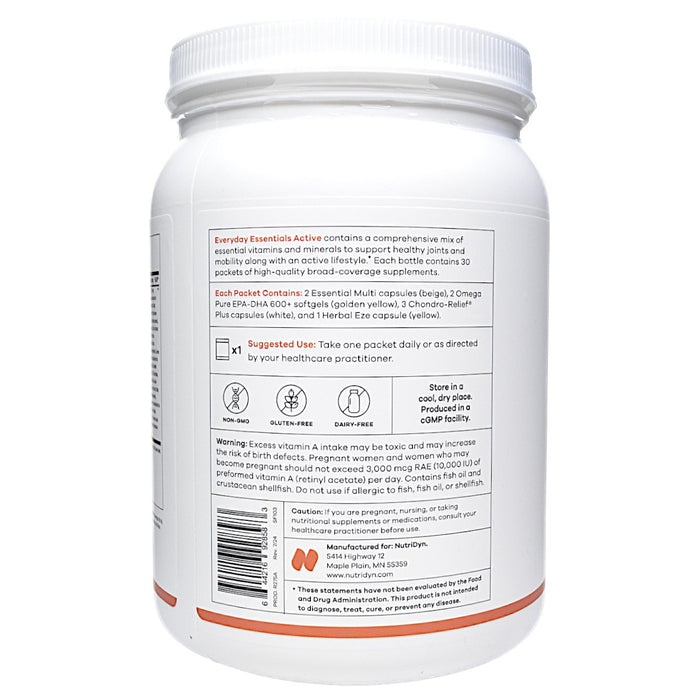 NutriDyn Everyday Essentials Active 30 packets suggested use label
