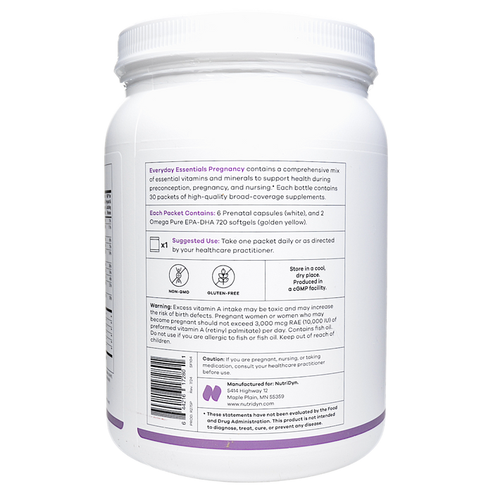 NutriDyn Everyday Essentials Pregnancy 30 packets suggested use label