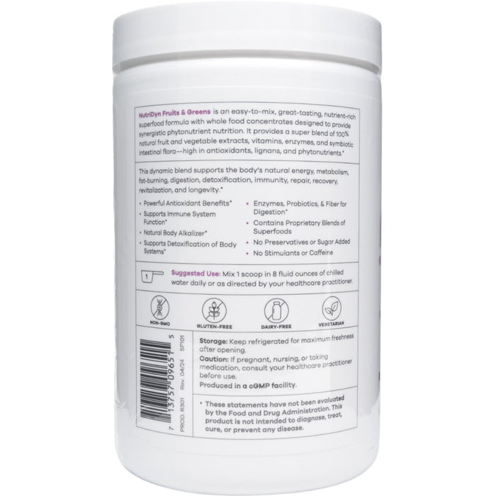NutriDyn Fruits & Greens Berry powder suggested use label