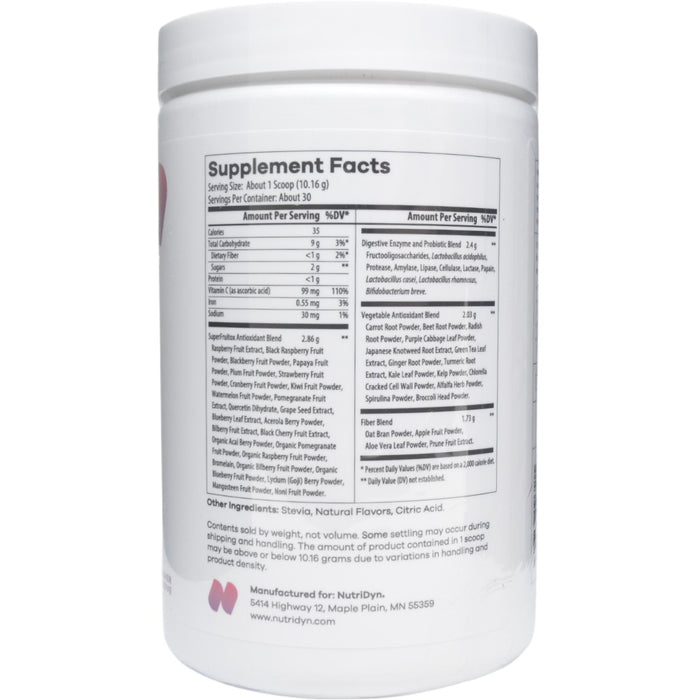 NutriDyn Fruits & Greens Berry powder supplement facts label
