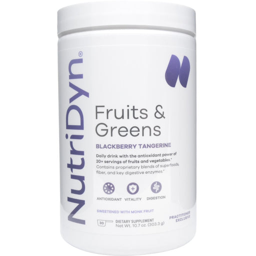 NutriDyn Fruits & Greens Blackberry Tangerine with Monk Fruit powder, front of canister