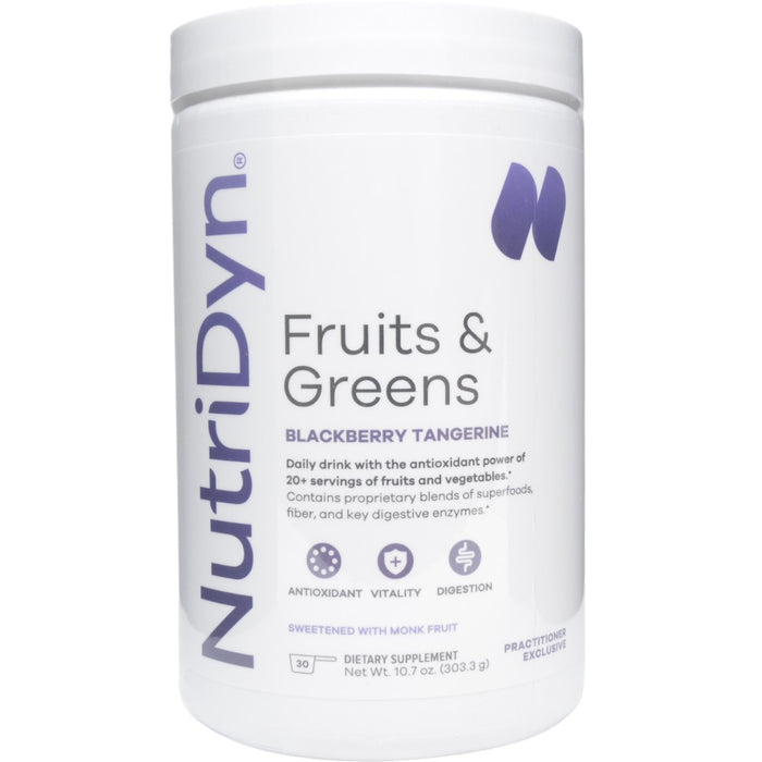 NutriDyn Fruits & Greens Blackberry Tangerine with Monk Fruit powder, front of canister