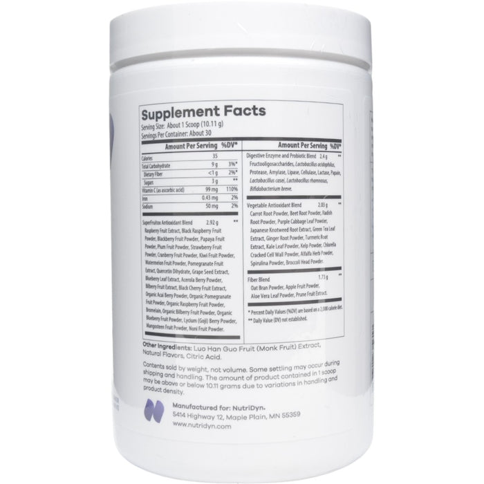 NutriDyn Fruits & Greens Blackberry Tangerine with Monk Fruit powder supplement facts label