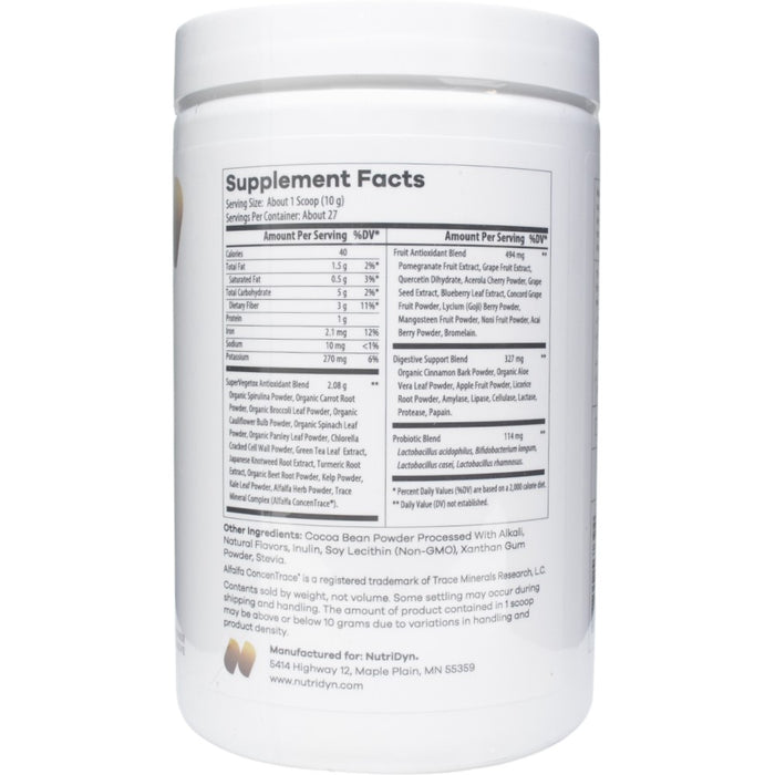 NutriDyn Fruits & Greens Chocolate Coconut powder supplement facts label