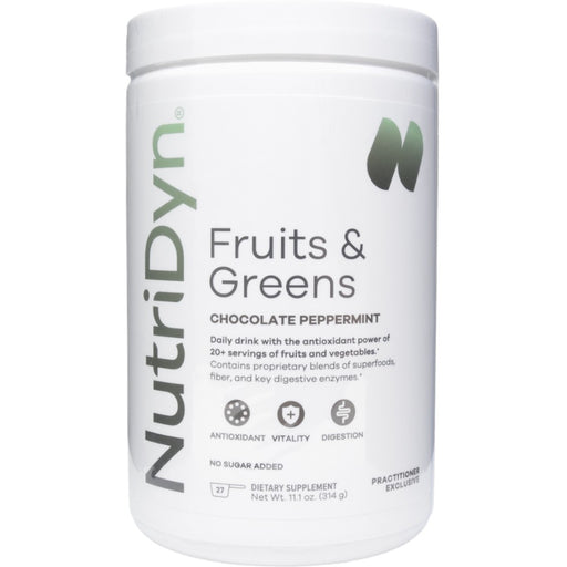 NutriDyn Fruits & Greens Chocolate Peppermint powder, front of canister