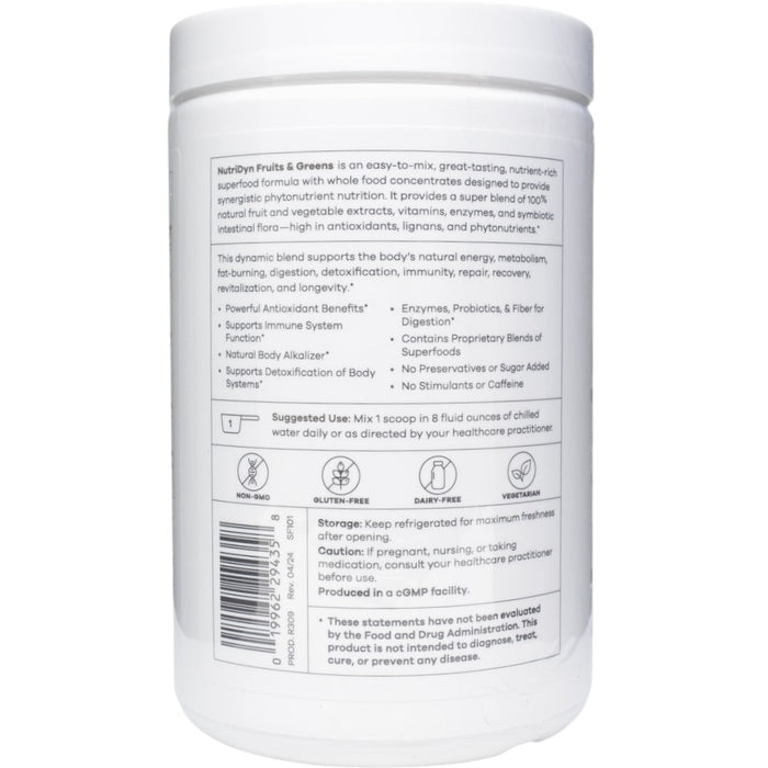 NutriDyn Fruits & Greens Chocolate Peppermint powder suggested use label