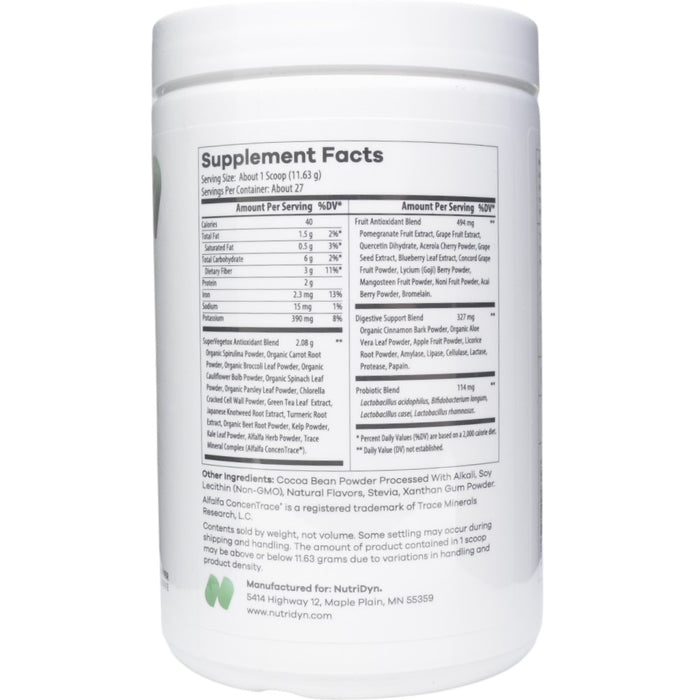 NutriDyn Fruits & Greens Chocolate Peppermint powder supplement facts label