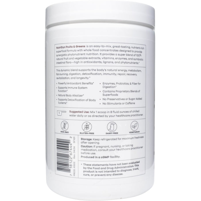 NutriDyn Fruits & Greens Chocolate powder suggested use label