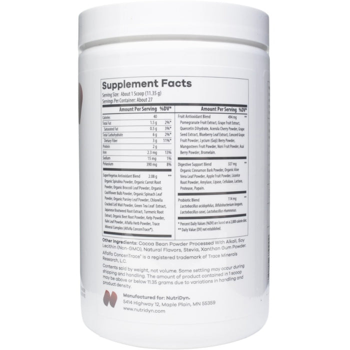NutriDyn Fruits & Greens Chocolate powder supplement facts label