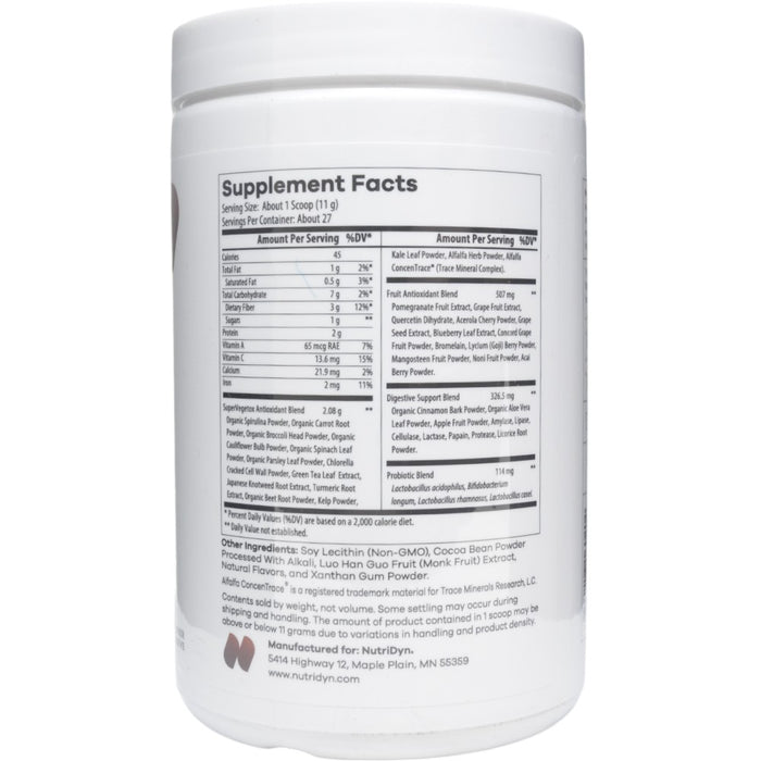 NutriDyn Fruits & Greens Chocolate with Monk Fruit powder supplement facts label
