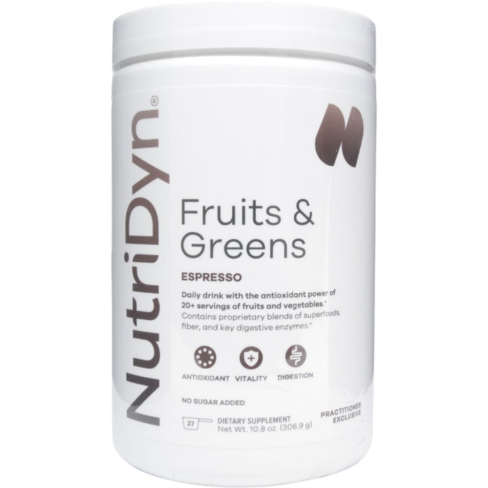 NutriDyn Fruits & Greens Espresso powder, front of canister