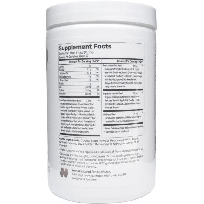 NutriDyn Fruits & Greens Espresso powder supplement facts label