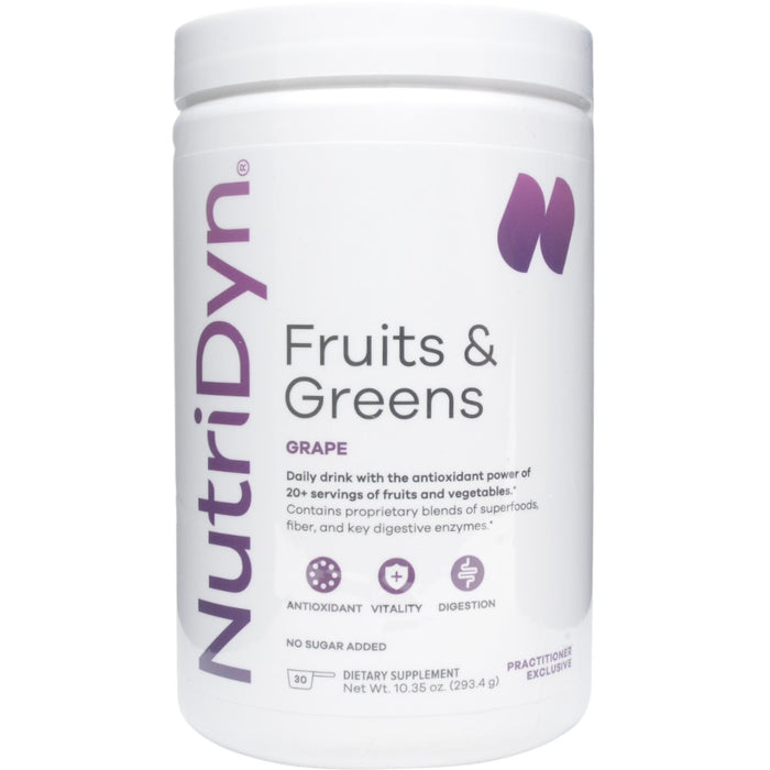 NutriDyn Fruits & Greens Grape powder, front of canister