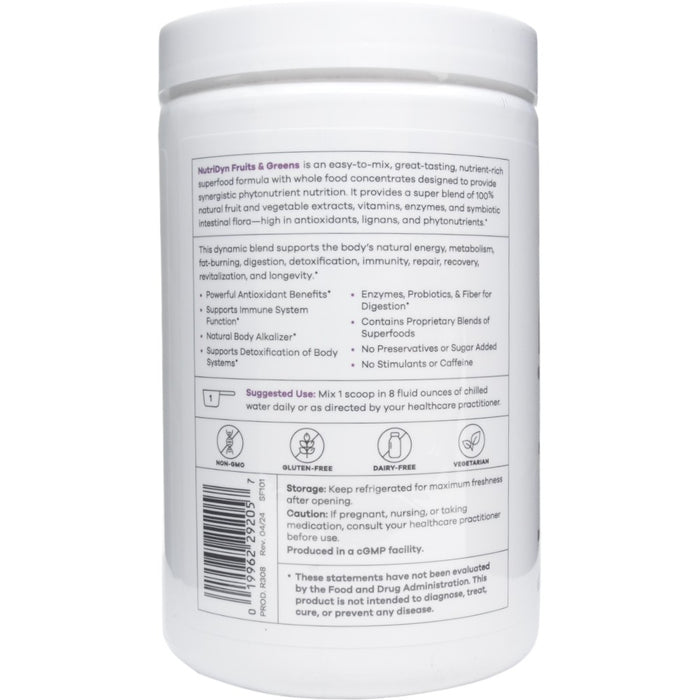 NutriDyn Fruits & Greens Grape powder suggested use label