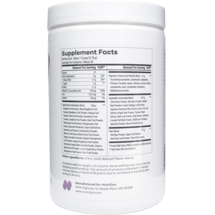NutriDyn Fruits & Greens Grape powder supplement facts label