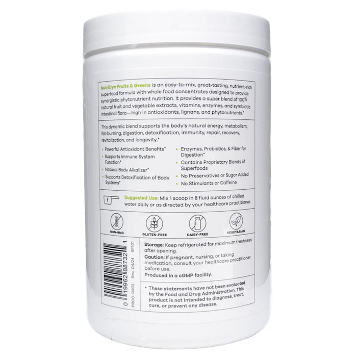 NutriDyn Fruits & Greens Green Tea Melon powder suggested use label