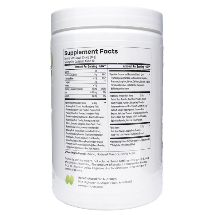 NutriDyn Fruits & Greens Green Tea Melon powder supplement facts label