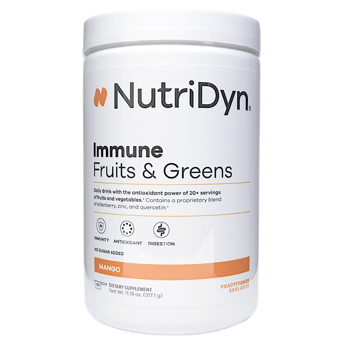 NutriDyn Fruits & Greens Immune Support Mango powder, front of canister