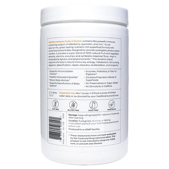 NutriDyn Fruits & Greens Immune Support Mango powder suggested use label